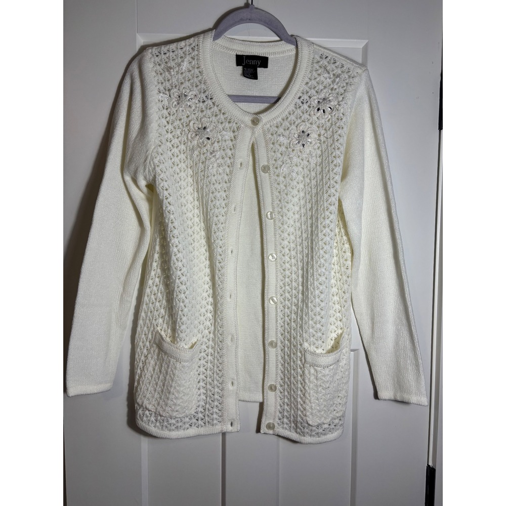 VTG Jenny‎ Cream Sweater Pointelle Knit & Floral Details Size Small Cottagecore